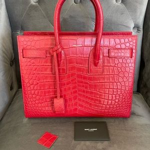 Authentic Saint Laurent Sac De Jour Top Handle Shoulder Handbag Red Croc